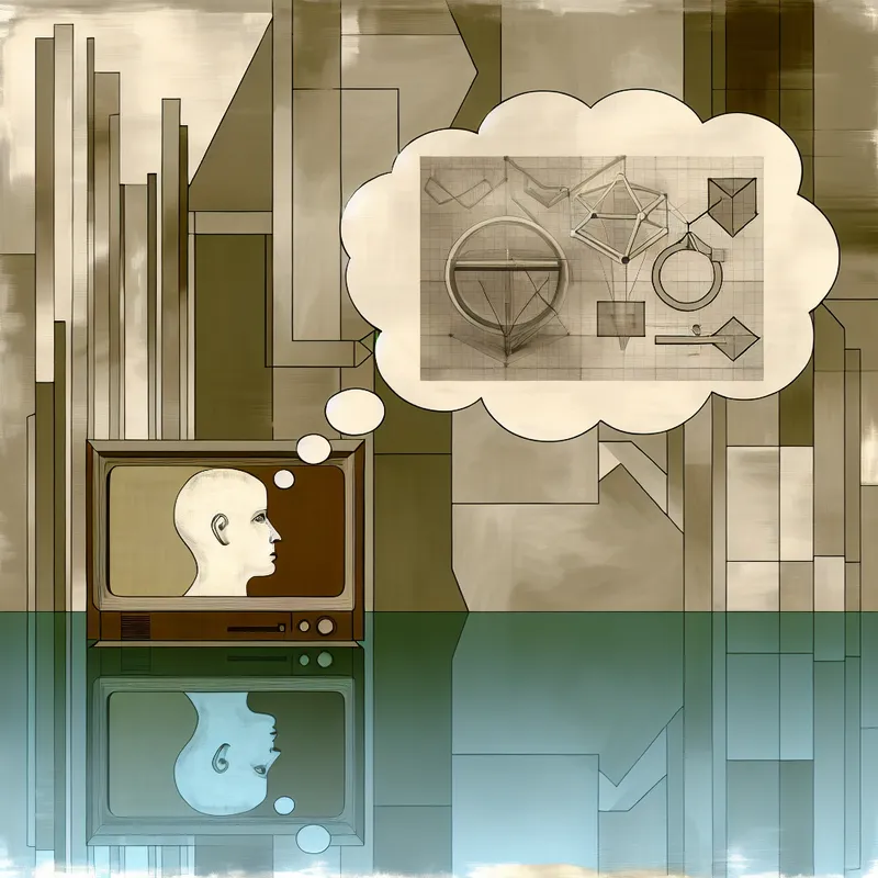 Een modern retro-futuristic landschap met een groot digitaal scherm vol grafieken en diagrammen, met daarboven een denkballon van een peinzende persoon, en geometrisch gevormde gebouwen op de achtergrond die pastelkleuren reflecteren.