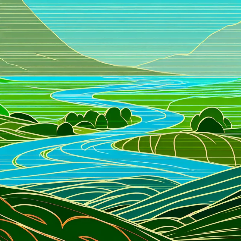 Een retro-futuristisch landschap met een kronkelige rivier door een groene vallei, omringd door weelderig gras en geometrische vormen.