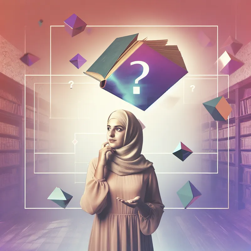 Een persoon staat in een vintage bibliotheek en kijkt nadenkend naar een zwevend boek dat schittert met mogelijkheden, omlijst door geometrische vormen en vraagtekens.