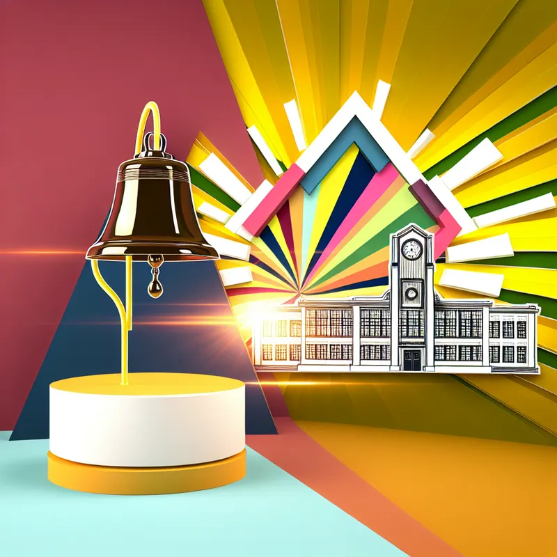 Illustratie van een retro-futuristische schoolbel op een geometrisch voetstuk, omringd door kleurrijke vormen.