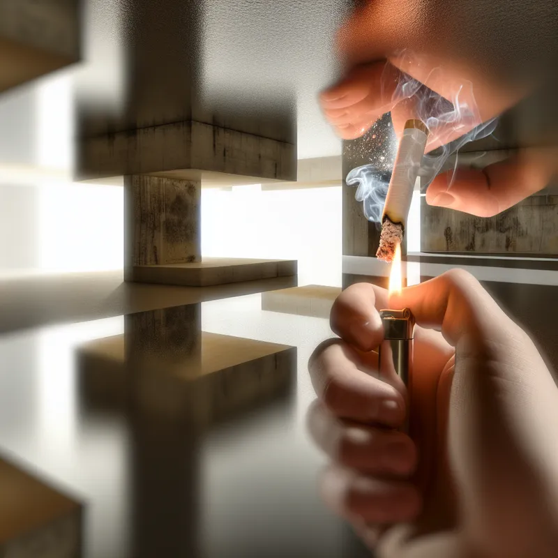 Een persoon ademt rook uit, met zichtbaar vallende as van een gloeiende sigaret in een retro-futuristische stedelijke omgeving.