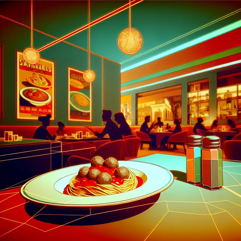 Een retro-futuristische illustratie van een prachtig opgemaakt bord spaghetti met gehaktballen in een modern Italiaans restaurant.