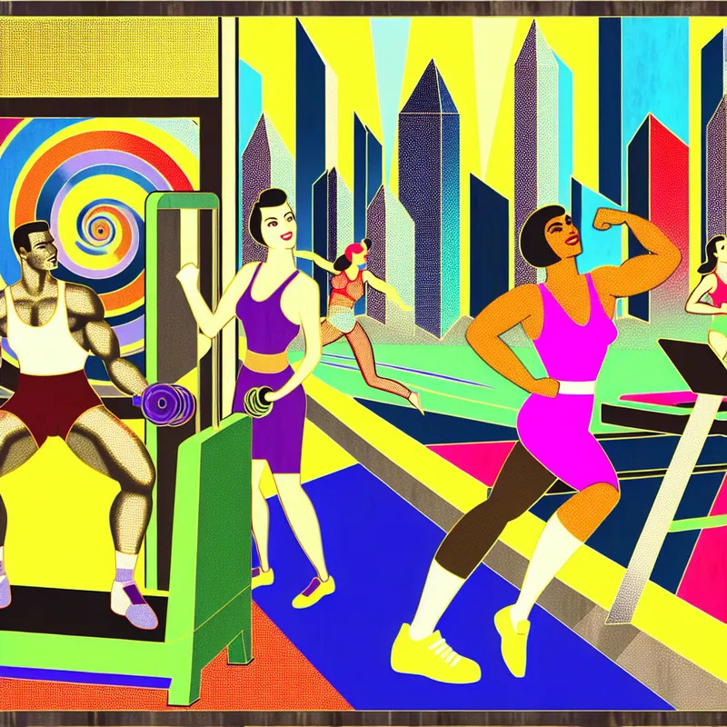 Groep diverse mensen die in een retro-futuristische sportschool workouts doen zoals gewichtheffen en yoga.