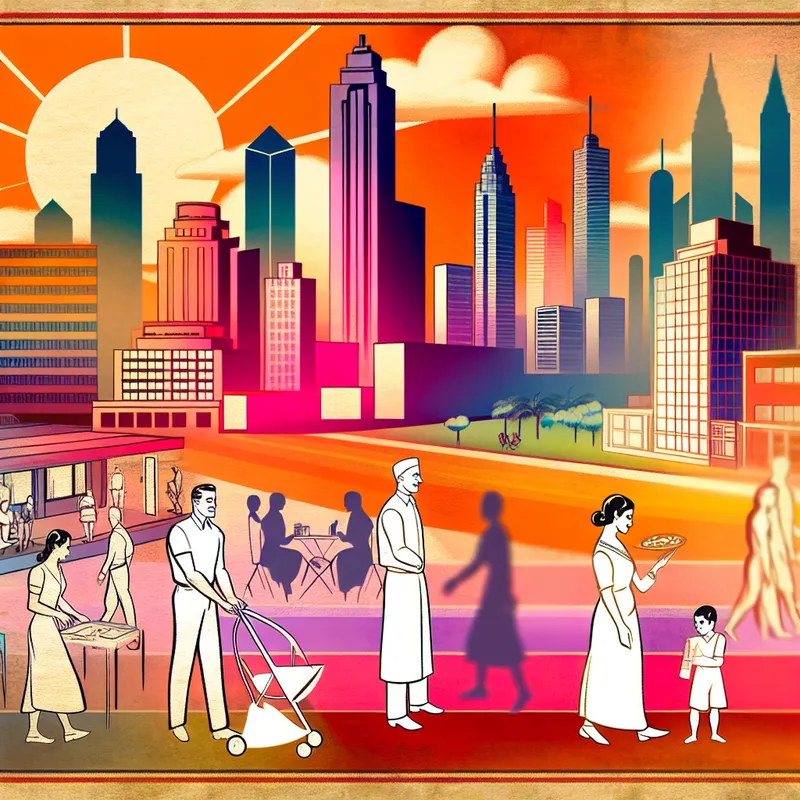 Retro-futuristic city skyline showcasing growth with diverse people engaging in activities.