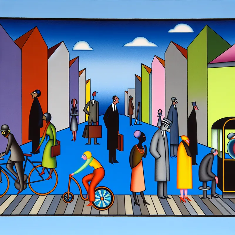 Retro-futuristisch stadsbeeld met diverse mensen die naar het werk reizen, waaronder een persoon op een moderne fiets en anderen op elektrische scooters en bussen.