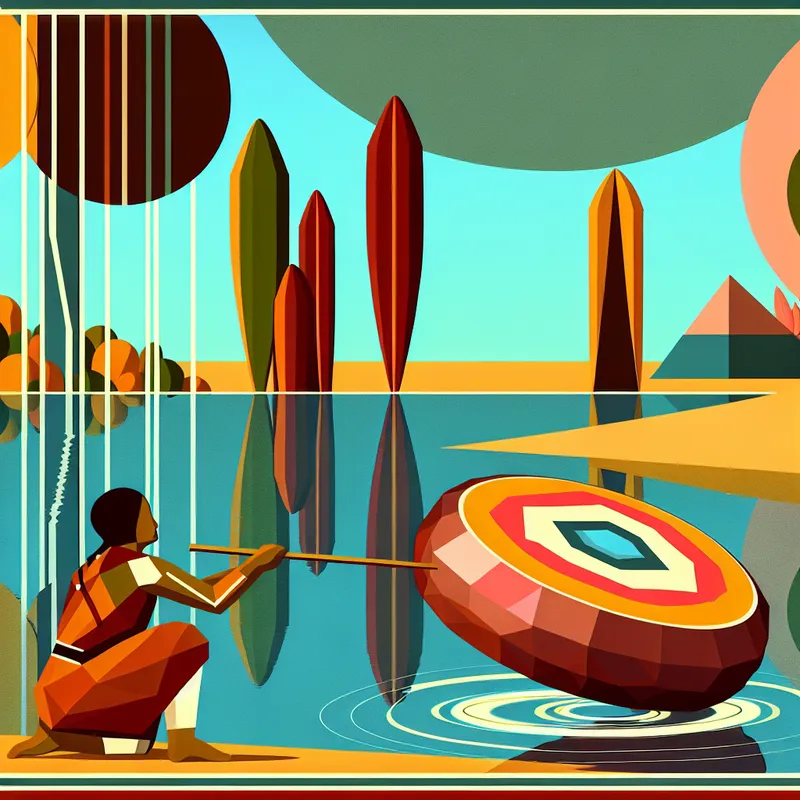 Een persoon die zich voorover buigt om een kleurrijk steentje over het water van een serene meer te laten springen, omringd door gestileerde bomen en abstracte vormen.