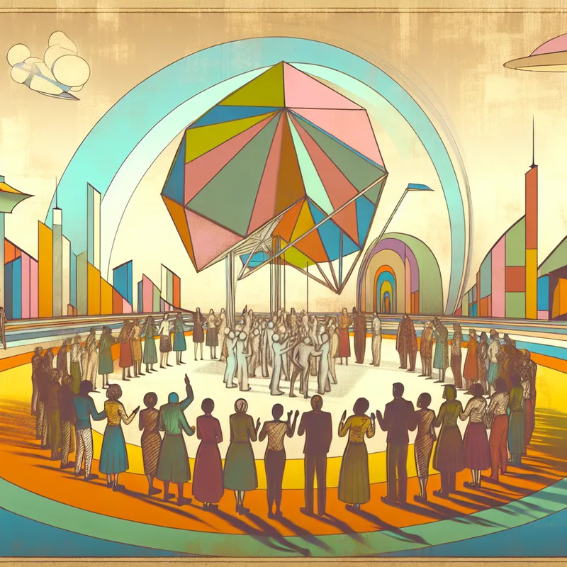 Een groep enthousiaste mensen verzameld rond een abstracte structuur die een nieuwe stichting voor kinderen in nood vertegenwoordigt.