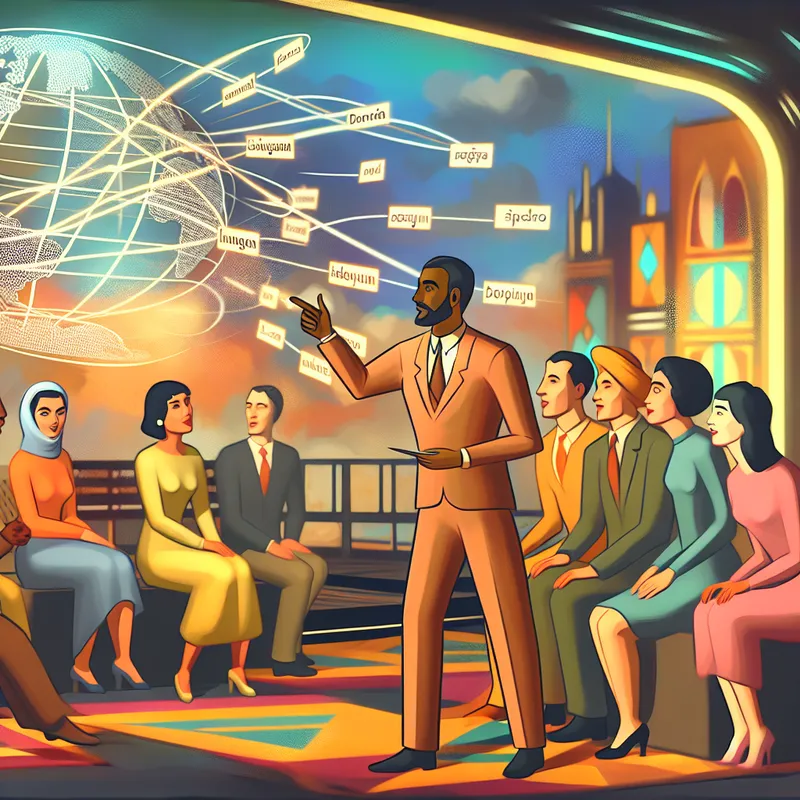 Een diverse groep mensen in een retro-futuristische omgeving, die met elkaar in gesprek zijn en wijzen naar een holografische kaart van talen.