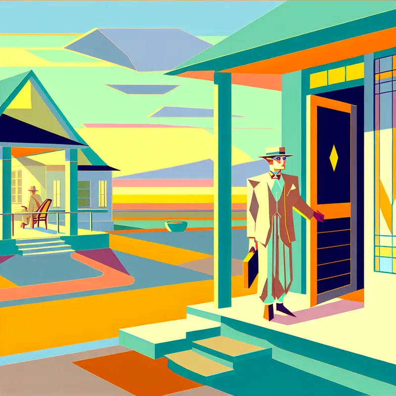 Een retro-futuristische afbeelding van een personage dat terugkeert naar een modern huis met geometrische vormen.