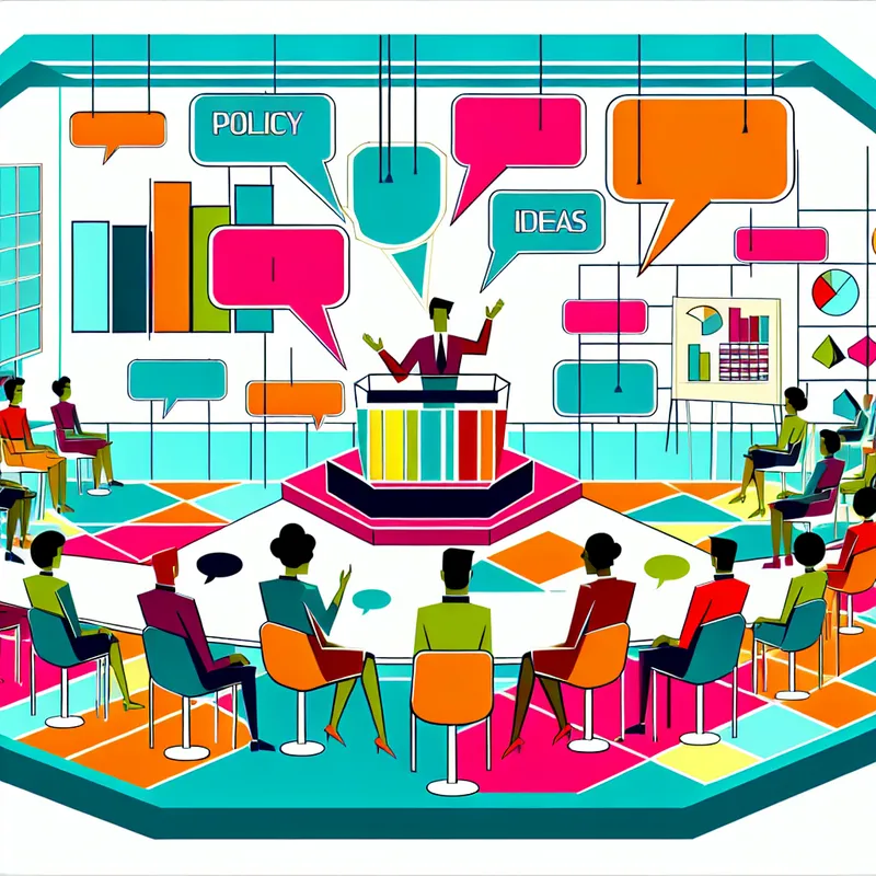 Een retro-futuristische vergaderruimte met diverse mensen die levendig discussiëren, met een sprekende figuur op een podium en geometrische tekstballonnen.