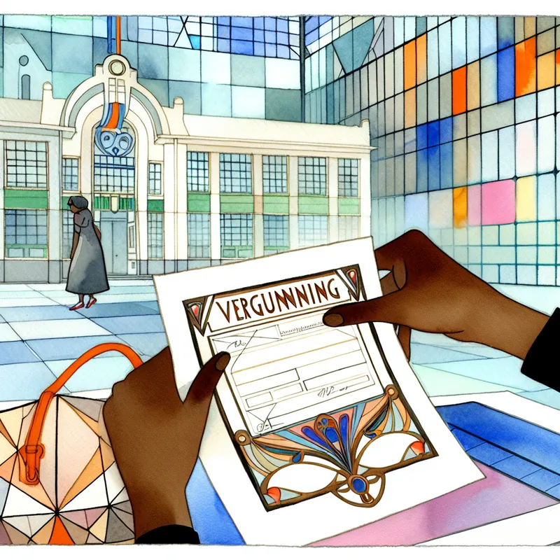 Jongere met een kleurrijke vergunning in een retro-futuristische setting, waaruit een geometrische tas komt in de achtergrond van een gemeentelijk gebouw.