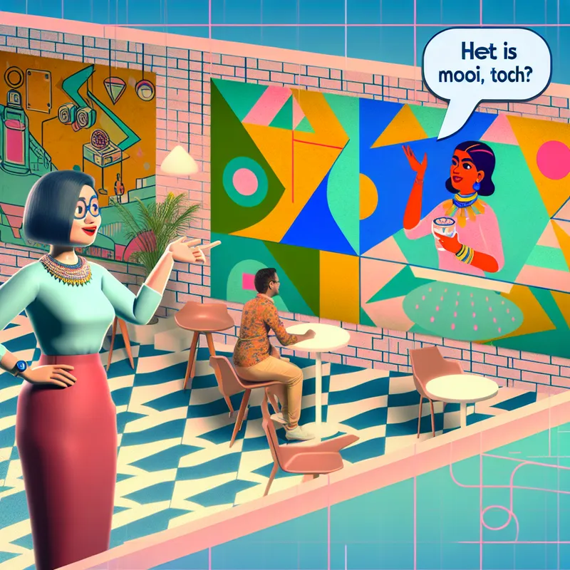 Twee vrienden in een retro-futuristisch café bespreken een kleurrijke muurschildering met de tekst 'Het is mooi, toch?'