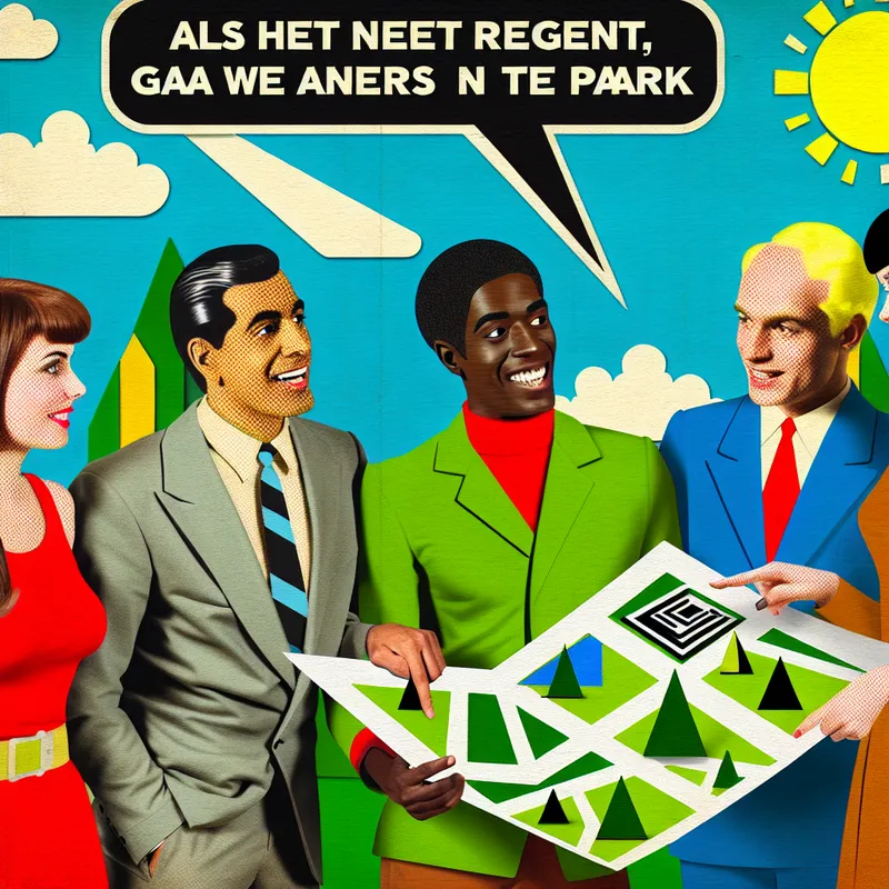 Groep diverse vrienden die onder een heldere zon een futuristische kaart bestuderen in een park.