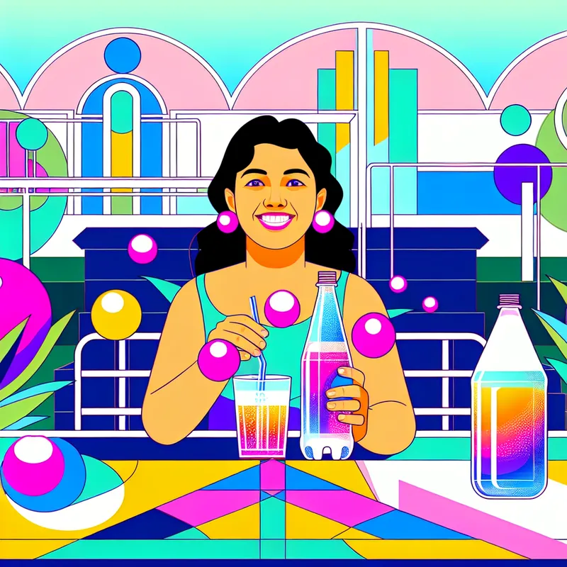Jonge vrouw die vrolijk een grote fles frisdrank vasthoudt, met kleurrijke bubbels, zittend aan een tafel in een retro-futuristisch café met geometrische vormen.