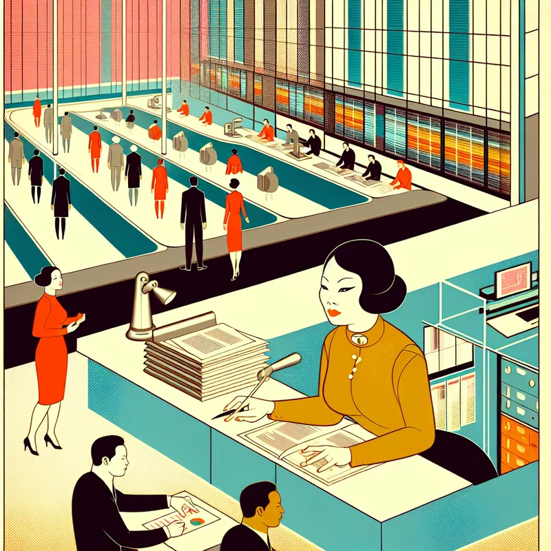 Retro-futuristische illustratie van een vrouw die een team overziet in een futuristisch kantoor