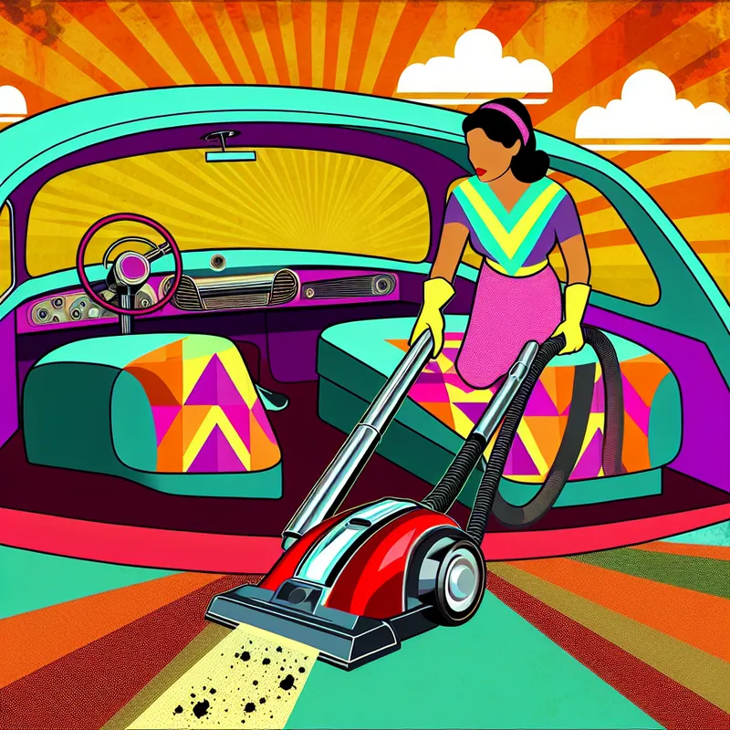 Vrouw stofzuigt het interieur van een retro-futuristische auto met geometrische patronen