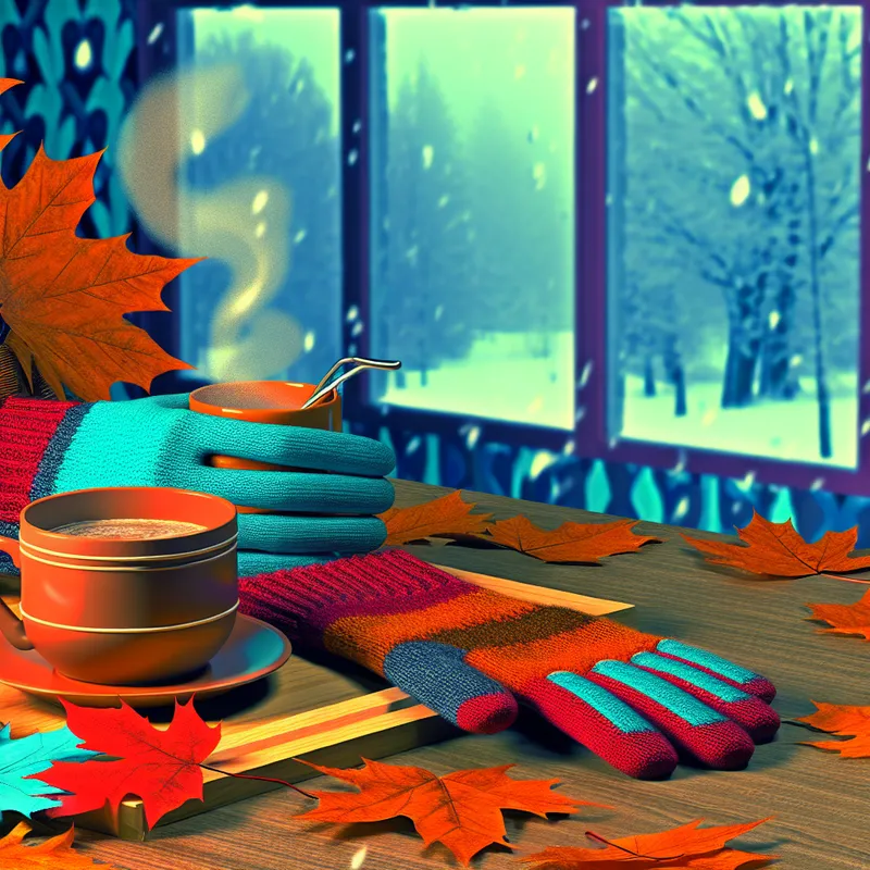 Retro-futuristisch beeld van kleurrijke wanten op een houten tafel met herfstbladeren en een kop warme chocolademelk, terwijl buiten sneeuw valt.