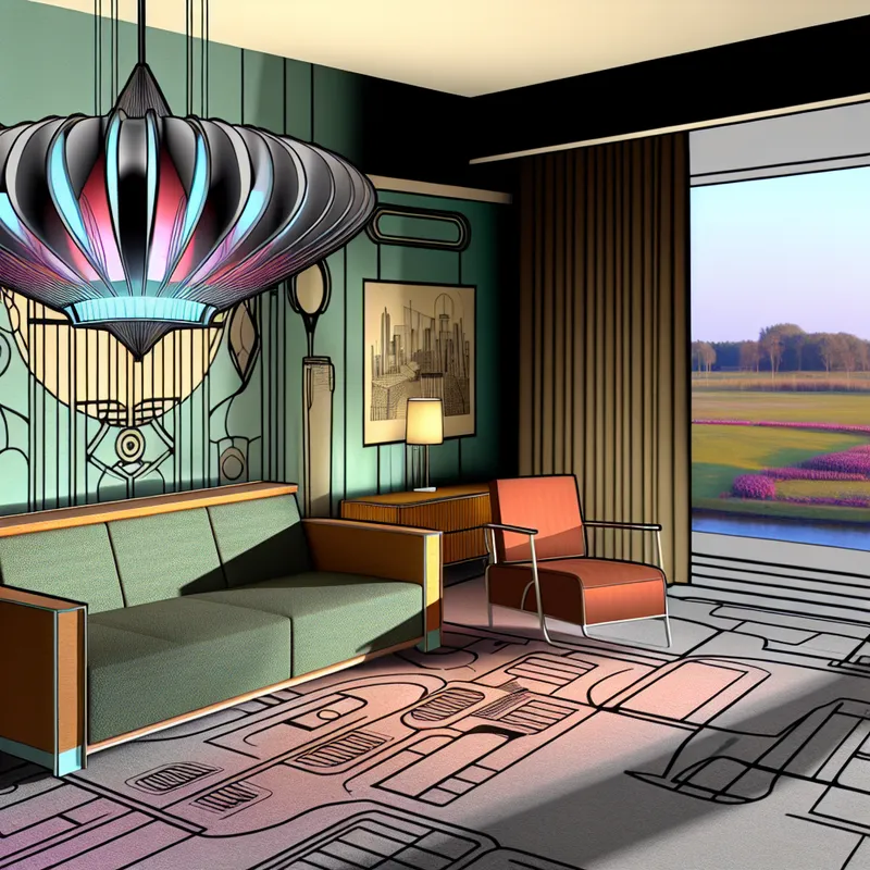 Retro-futuristische woonkamer met een dramatische hanglamp die complexe schaduwen op de muren werpt.