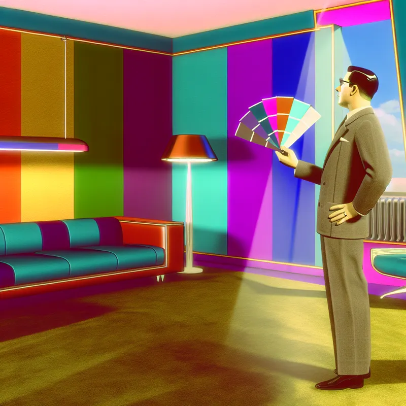 Een persoon in een retro-futuristische woonkamer houdt twee kleurstalen vast terwijl hij de impact op de sfeer overweegt.