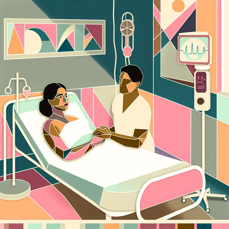 Retro-futuristische ziekenhuiskamer met een patiënt die herstelt na een operatie, omringd door moderne gezondheidsmonitoren en geometrische kunst.