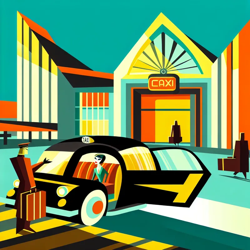 Retro-futuristische taxi die een passagier met koffer aflevert bij een drukke treinstation, moment van uitstappen benadrukt