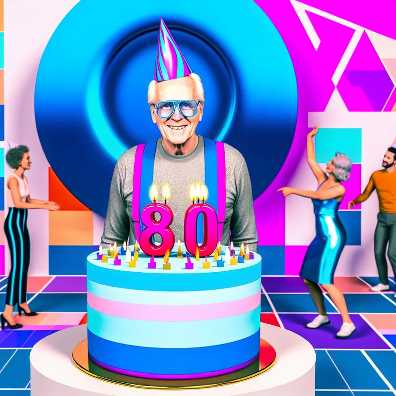 Een levendige retro-futuristische scène van een verjaardag met een grote, kleurrijke taart en een blije groep mensen die het 80ste feest vieren.