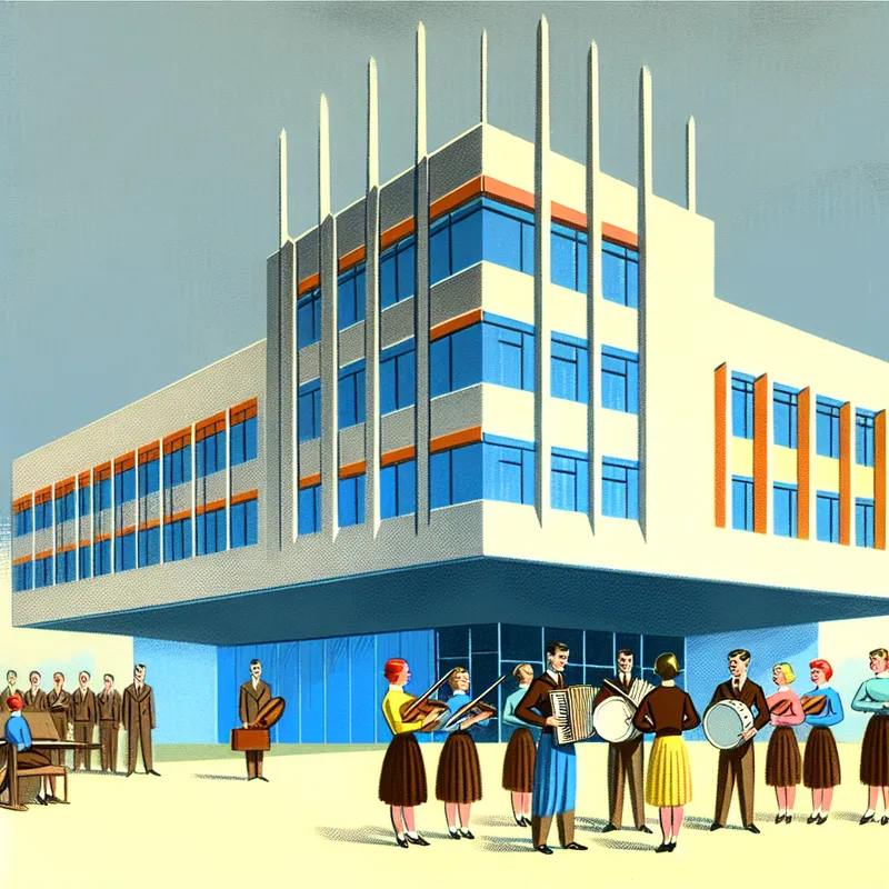 Moderne retro-futuristische school met leerlingen en muziekinstrumenten