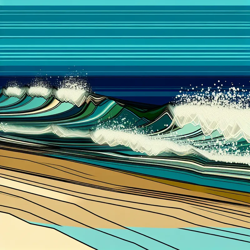 Retro-futuristisch strandlandschap met grote golven die over het zand spoelen.