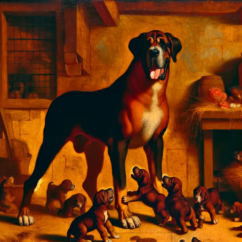 Grote mannelijke hond (reu) met glanzende vacht omringd door speelse puppy's in een traditionele Nederlandse boerderijsetting, geschilderd in de stijl van Frans Hals