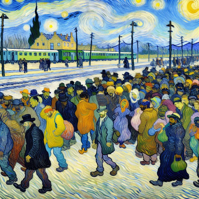 Groep mensen loopt met zwierige penseelstreken van Van Gogh richting een verre treinstation onder een dynamische lucht