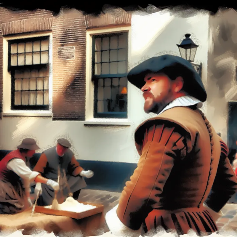 17e-eeuwse Nederlandse straatscène met man die scherp naar rechts kijkt, richting groepje mensen in levendige interactie