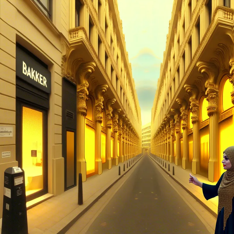 Persoon wijst naar rechterkant van straat met warme verlichting bij bakkerij in surrealistische stadsscène