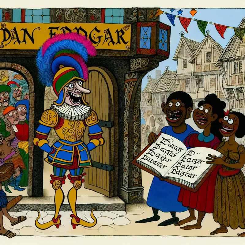 Een cartoonachtige ridder in glanzende harnassen voor een open dorpsregister met de naam 'Dan Edgar', omringd door nieuwsgierige dorpelingen.