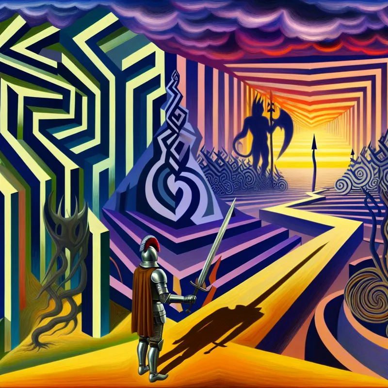 Middeleeuwse ridder bij een kruispunt in Escher-stijl, kiest eer boven oneer met neergelaten zwaard