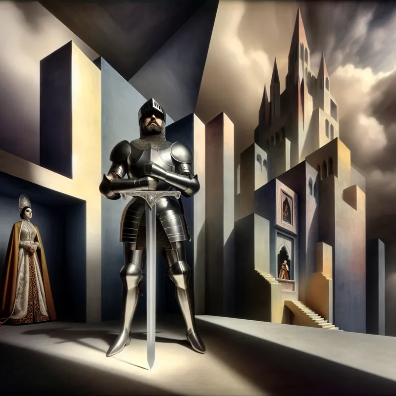 Hyperrealistische surrealistische scène van een middeleeuwse ridder in harnas die zijn reputatie verdedigt voor een gotisch kasteel, met een koningin op het balkon