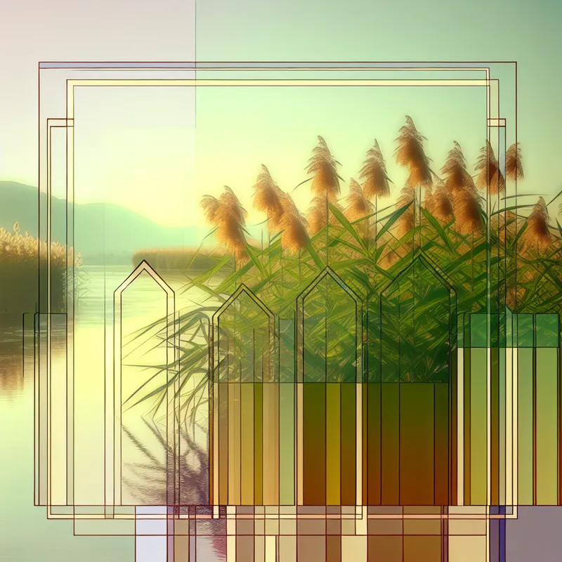 Een serene scène van rietplanten die in de bries op een rivier oever groeien, omringd door een rustige natuur.