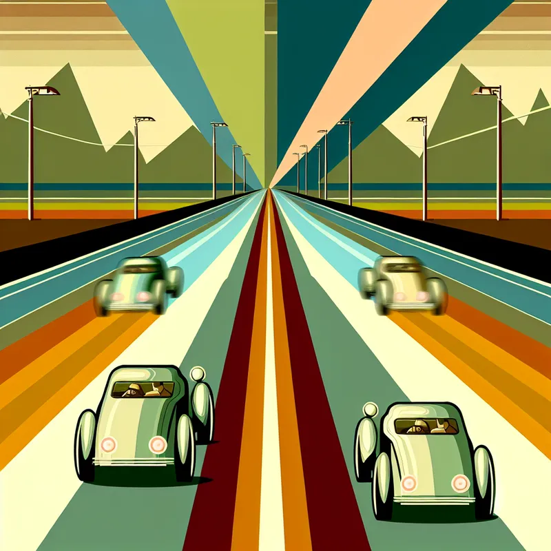 Retro-futuristische illustratie van een snelweg met drie rijbanen, elk met vintage-auto's in dezelfde richting, ter verduidelijking van het woord 'baan'