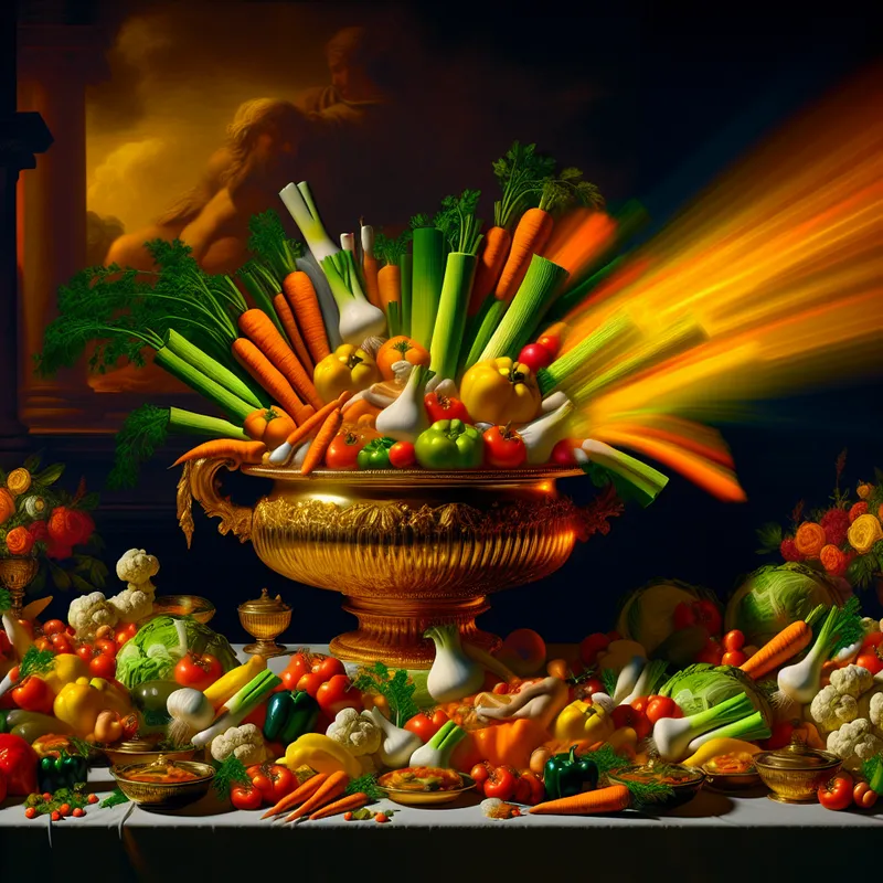 Barokke banketscène met overvloed aan verse groenten uit een gouden soepterrine, symboliserend rijkdom aan voedingsstoffen