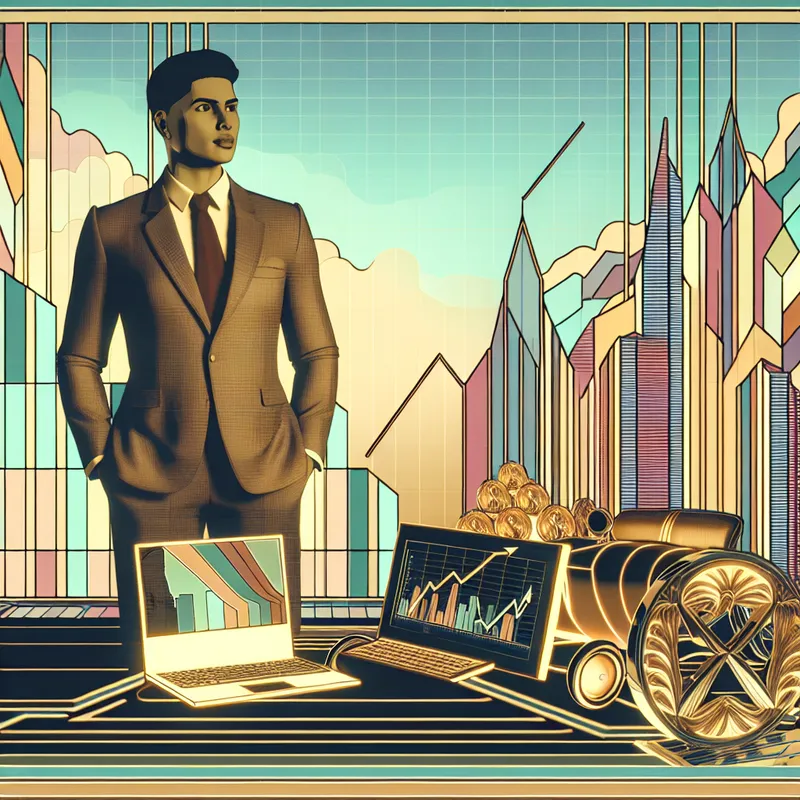 Moderne retro-futuristische illustratie van een rijke ondernemer in een futuristisch bureau met geometrische vormen