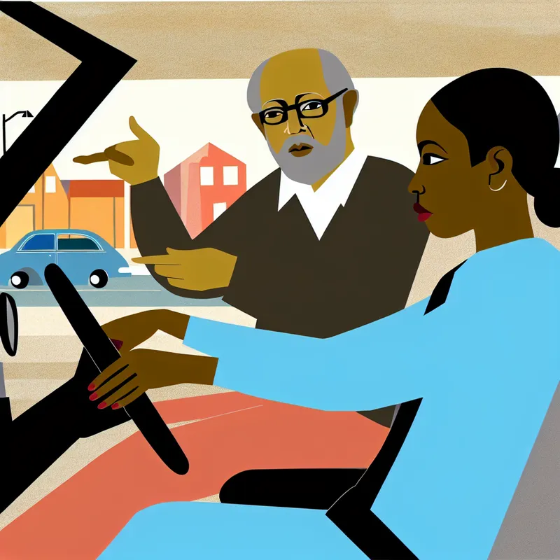 Minimalistische illustratie van een rijinstructeur die instructies geeft aan een leerling tijdens een rijles, in de stijl van Dick Bruna