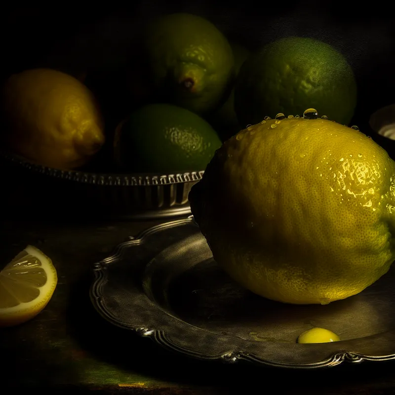 Een grote, rijpe citroen op een ornamentale vintage zilveren schaal in een sfeervolle keuken.