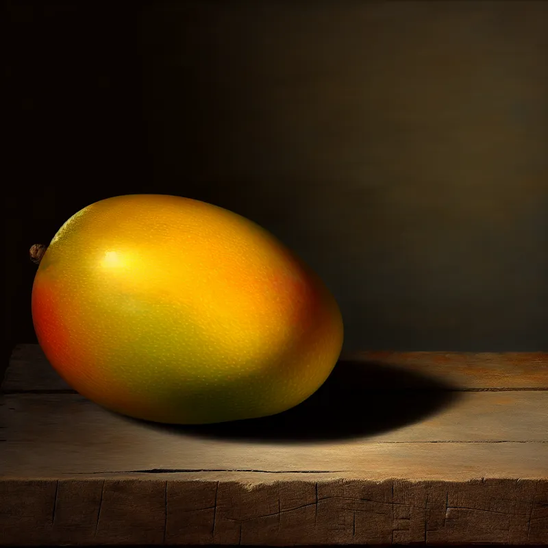 Een rijpe mango op een rustieke houten tafel, belicht door warm licht.