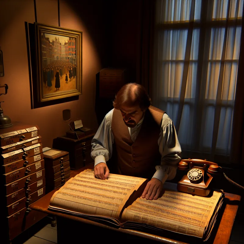 Een ringenier organiseert zorgvuldig een stapel papieren met namen en telefoonnummers aan een antiek houten bureau, omringd door oude telefoonboeken en een vintage telefoon.