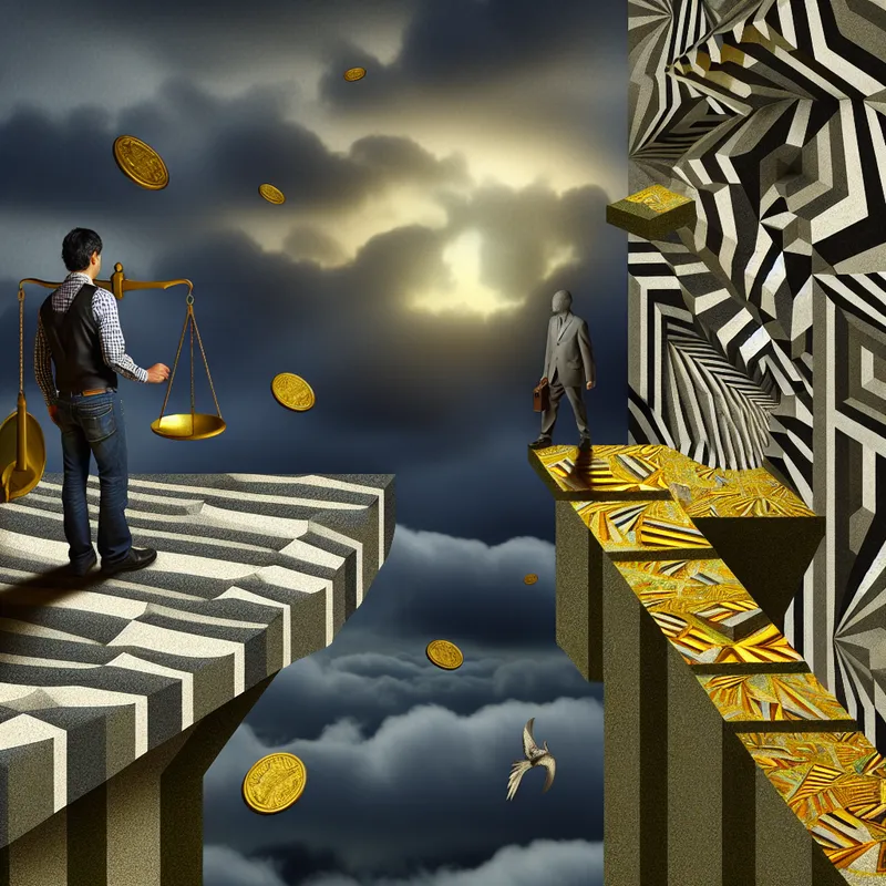 Surrealistische illustratie in de stijl van M.C. Escher van een man op een geometrische klif die twee paden afweegt: een gouden pad naar vrijheid en een donker pad met gevolgen, symboliserend risico en keuzes