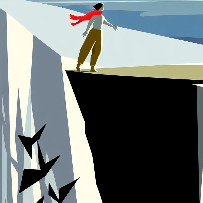 Minimalistische illustratie van een persoon die op de rand van een klif staat en risico neemt, met rode hals als symbool voor de uitdrukking 'riskeert zijn hals'