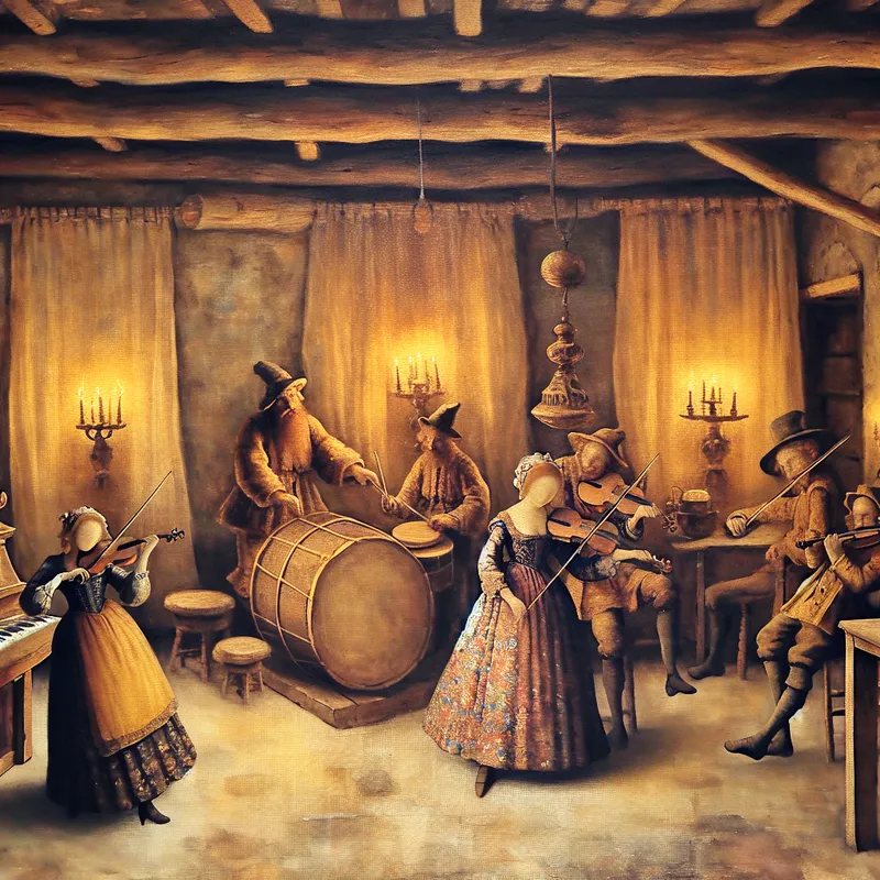 Nostalgische muziekscene met een band die ritmisch speelt en een dansend paar dat in de maat beweegt, geïllustreerd in de stijl van Anton Pieck