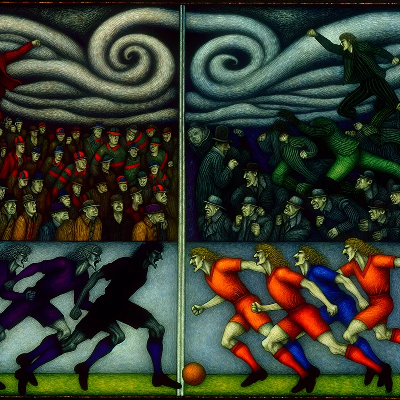 Twee rivaliserende sportteams staan tegenover elkaar op een veld, gekleed in contrasterende uniformen met intense gezichten.