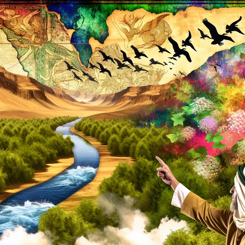 Een persoon wijst naar een oude kaart van een rivier die door een groene vallei kronkelt, met vogels die in formatie vliegen.