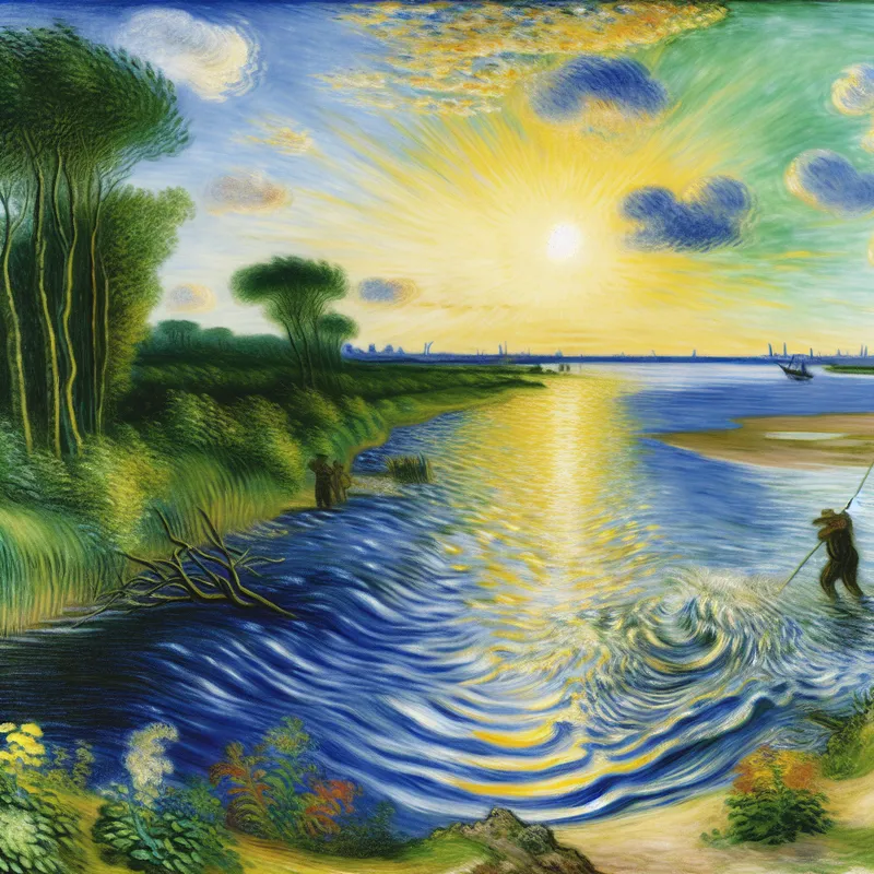 Een schilderachtige weergave van een rivier die rustig in de zee stroomt, met een vissersman die zijn net uitwerpt op de oever en kleurrijke flora aan de andere kant.