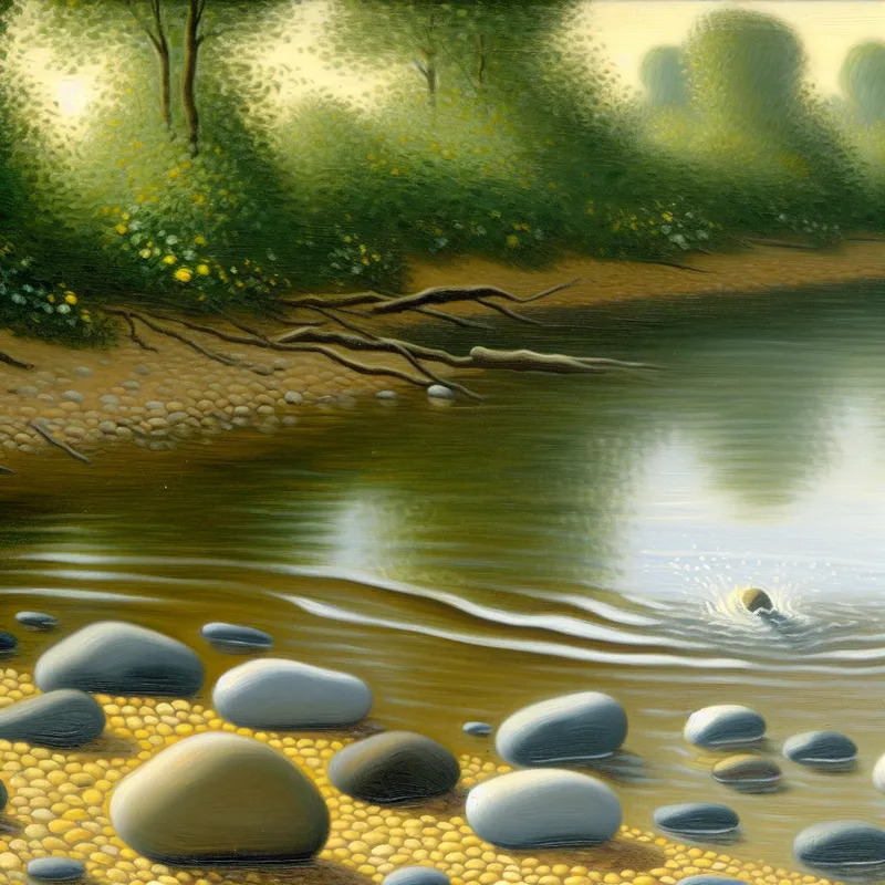 Rustige rivierlandschap met glanzende stenen aan de oever en zachte watergolven.